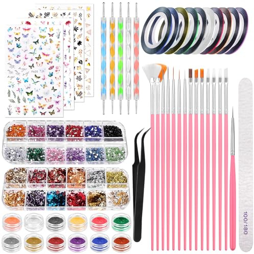 BUTBU 50 Piezas Kit de Accesorios Decoración Uñas Nail Art, Kit de Diseño de Arte de Uña, con Pinceles para Uñas Diamantes, Purpurina Polvo, Cintas Adhesivas Uñ-as, Lámina Flake, Lápiz de Punto etc