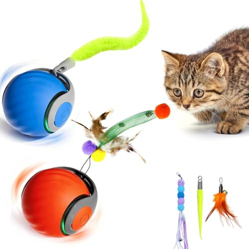 JinRui-T 2 palline attive con coda per gatti, 5 esche teaser, giocattolo interattivo intelligente per gattini con coda di piume, 2 velocità, ricaricabili, giocattoli per gatti da interni, palla