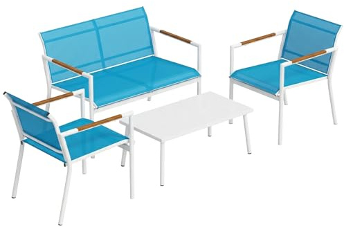 Outsunny Set Salotto da Giardino 4 Pezzi Salottino Esterno Blu | Texteline Traspirante, Divano 2 Posti, 2 Poltrone, Tavolino con Piano Metallo, Set Metallo per Patio