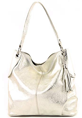 modamoda de T185 Damen Leder Schultertasche Handtasche handmade in Italy, Farbe:Lightgold
