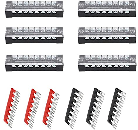 Ruidee 12pcs (6 Set) Terminal Block 8 Positions Dual Rows Covered Screw Terminal Block 600V 15A + 6Pcs 8 Positions Pre-Insulated Fork Terminal Barrier Strip Red/Black 400V 15A TB-U1508