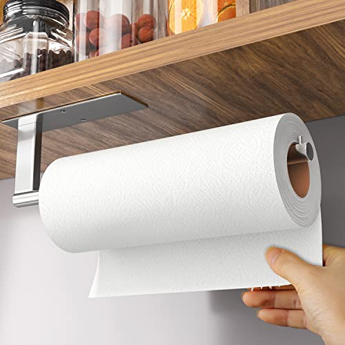 Kitchen Roll Holder Under Cabinet, Stainless Steel Paper Towel Holder Silver, Self-Adhesive Towel Rack Wall-Mounted, Suitable for Pantry, Kitchen, Bathroom