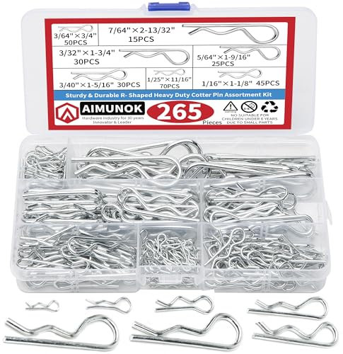 AIMUNOK 265pcs R Shaped Spring Cotter Pins Fastener Assortment Kit, 7 Sizes, Metal Heavy Duty Zinc Plated Steel Hair Pin Set, Fastener Set for Automotive Marine Tractors Mower Carts