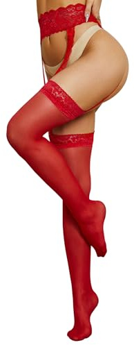 RSLOVE Medias de seda para mujer, liguero de encaje antideslizante, rojo, Talla única