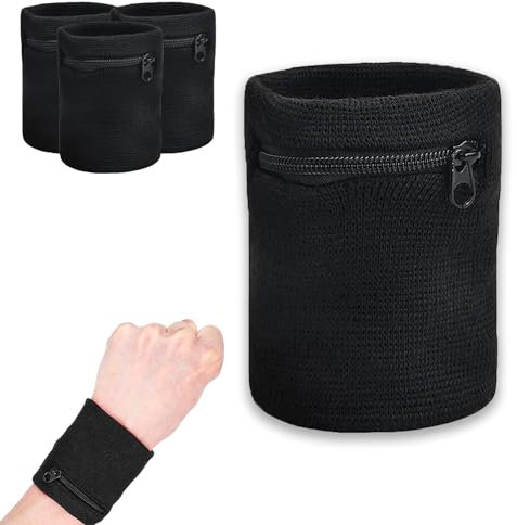 Sport Handgelenktasche, Handgelenktasche mit Reißverschluss 4 Stück, Schwarz Schweissband Handgelenk, schwarz Geldbörse, Sweat Absorbierender Handgelenkschlauch, für Basketball Laufen