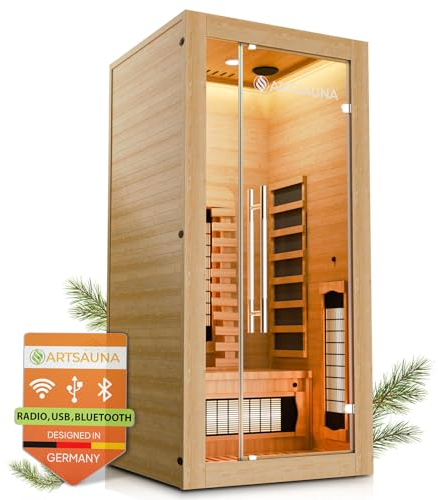 Artsauna Infrarotkabine Kiruna90 Premium mit Vollspektrum- & Flächenstrahler, 1 Person, 90x90x190 cm, LED Farblicht & Glastür, Infrarotsauna Sauna - Rückenstrahler dimmbar