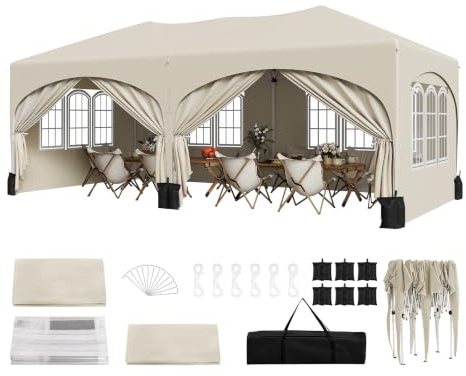 WOLTU Partytält med 6 sidodelar och 4 sandsäckar, vikbar paviljong, 3 x 6 m, med halvmånetak, trädgårdspaviljong, stabilt UV-skydd, popup festtält utomhus, höjdjusterbar, med bärväska, beige