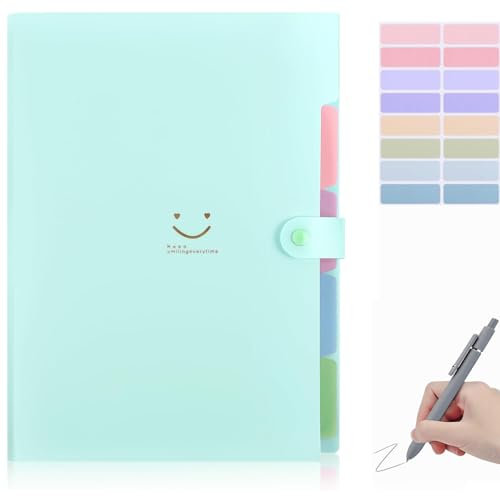 Fächermappe A4,Mappe Mit 5 Fächern,Dokumentenmappe A4 Mit Etiketten,Ordnungsmappe Mappen Ordnersystem, 12 durchsichtige Geldumschläge, 14 Monatsplaner Haftnotizen (Fächermappe light green)