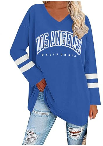 UHouse Damen Tshirt Langarm Oversize Langarmshirt Locker T-Shirt Lang Herbst Longshirt Elegante Tunika Lässig Los Angeles Oberteile Casual Longsleeve Streetwear Blau XXL