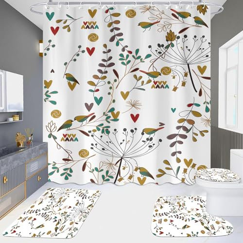 Duschvorhang Tier Braunes Herz Badezimmermatte Verdickung Bad Teppiche Set, Duschvorhang Stoff+Bath Mat rutschfeste(50x80cm)+U-Typ Fußmatte Wasseraufnahme+Toilette Badmatte