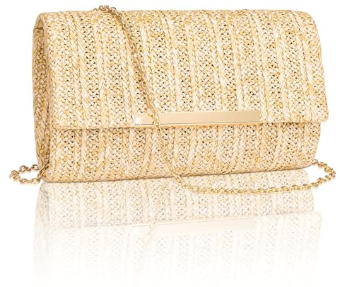 Larcenciel Pochettes et Clutches Femme, Sac Paille avec Chaîne Détachable, Sacoche Femme Bandoulière Petit Sac a Main Ete, Pochette Ceremonie Mariage pour la Plage, les Vacances, 22 x 13 x 6cm