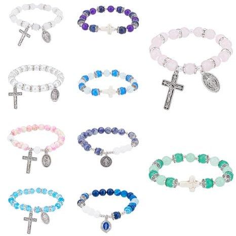 Hobbspring Lot de 10 bracelets chapelet en perles - 10 styles - Médaille miraculeuse - Bracelet extensible catholique avec crucifix - Pour femme, homme, couple, église, cadeau de baptême, Pierre