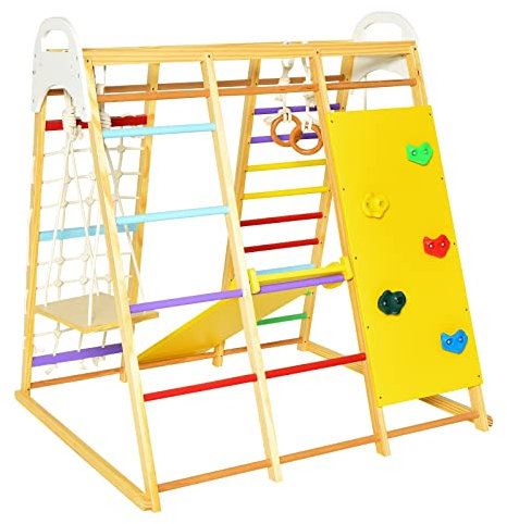 8 in 1 Climbing Frame for Toddlers, Montessori Kids Indoor Playground Jungle Gym with Slide Climbing Rock Net Monkey Bars Rope Ladder and Swing, Climb Activity Play Structure (Colourful)