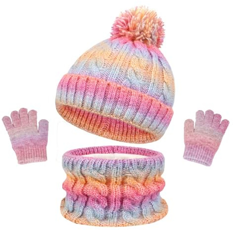 SK Studio Enfants Bonnet Tricoté Écharpe Gants d'hiver Tour De Cou avec Polaire Chaud Écharpe et Chapeau pour Garçons et Filles, 3-10 Ans, Coloré