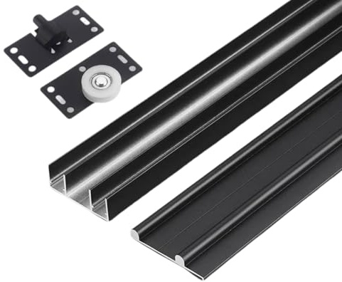 Serenitison Schiebetürbeschlag Set,Laufschienen für Schiebetüren,Schiebetürbeschlag Set für Doppeltüren,Schiebetürsystem,Aluminium Gardinenschiene,Verschleißfest und Rostfrei,Dicke 1,2 mm,Schwarz