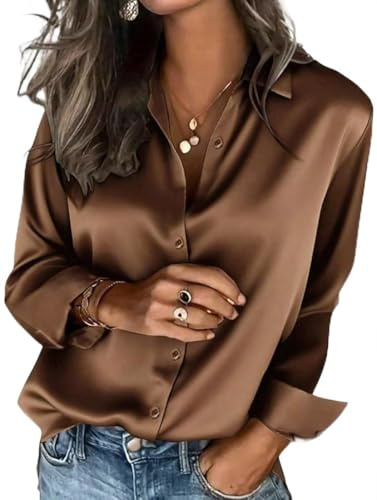 PANOZON Mujer Camisas de Seda Satinada con Botones Camisas de Manga Larga Sedosas para la Oficina Blusas y Tops Informales de Negocios