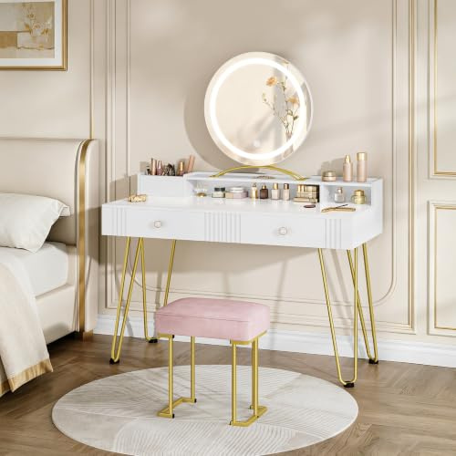 Hzuaneri sminkbord med spegel, sminkbord med pall och belysning, 40 x 108 x 136 cm, toalettbord med lådor, rosa klädd pall, sovrum, modern, mattvit och guld，DT44103XEU