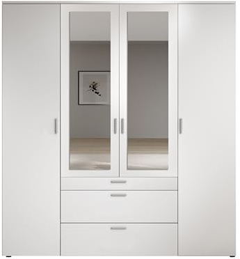 AVANTI TRENDSTORE - Lasnigo - Armadio a 4 ante battenti di qui due con specchio, 1 cassetto piccolo e 2 cassetti grandi, disponibile in 3 colori. Molto spazioso. Dimensioni: LAP ca. 180x195x56cm