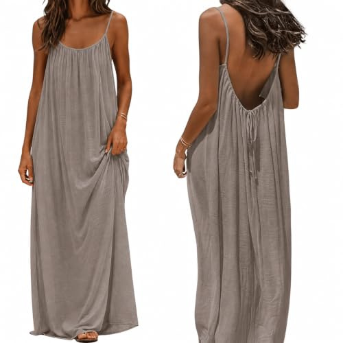Backless Cami Dress for Women Summer 2026 Sleeveless Long Maxi Casual Sundress Ladies Flowy Open Back Lounge Dresses for Holiday Beach Vacation Back Tie House Dress (L, Camel)