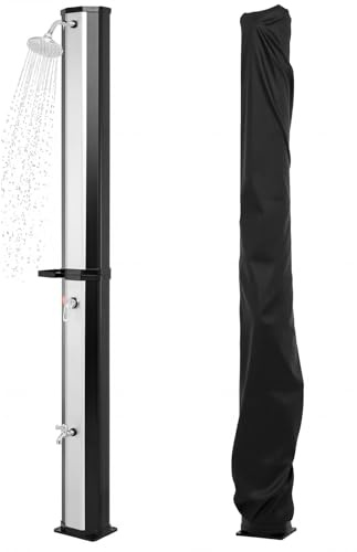 COSTWAY Ducha Solar Exterior de 60 L, 94 cm Ducha de Jardín con Cabezal Giratorio 360°, Grifo para Pies, Estante y Cubierta Protectora, Agua Caliente hasta 60℃, para Piscina Patio Playa, Blanco+Negro