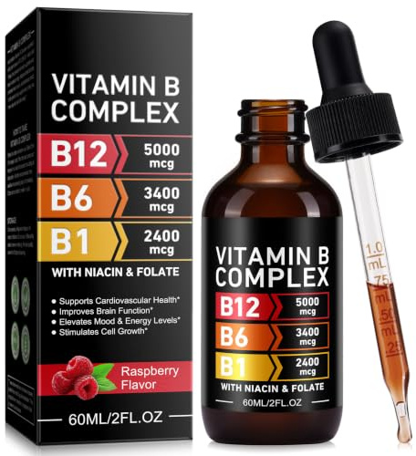 Vitamin B12 Liquid Drops with B6, Sublingual Methylcobalamin B Complex Supplement, High Strength Energy Metabolism & Daily Wellness Support, Natural Raspberry Flavor, 60ml