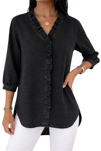 Dam volang trim V-ringad Chambray skjorta - lös passform 3/4 ärm vardaglig tunika blus för 2026 vår sommar denim look blus, Svart, XXL