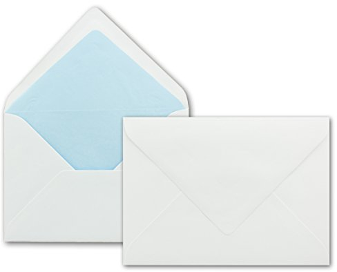 50 x Briefumschläge in weiss mit hell-blauem Seidenfutter, DIN B6 12,5 x 17,6 cm, Nassklebung ohne Fenster - Ideal für Hochzeits-Einladungen Grußkarten Weihnachtskarten