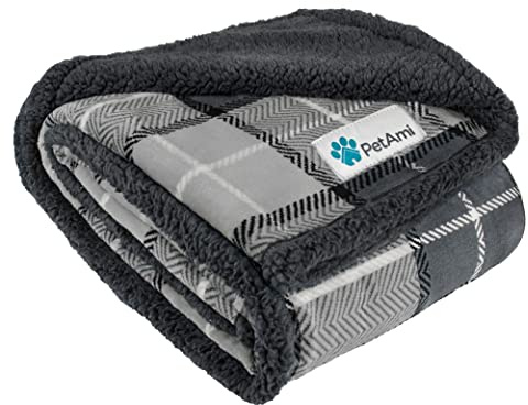 PetAmi Dog Blanket for Medium Large Dogs, Pet Bed Blanket Cat Puppy Kitten, Fleece Furniture Couch Cover Protector Sofa Car, Soft Sherpa Dog Throw Plush Reversible Washable, 40x60 Plaid Dark Gray