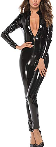 DULEE Women's Wetlook PVC Zipper Catsuit Costume Nightclub Dance Bodysuit Jumpsuit Cosplay Fancy Dress Jumpsuit,Black XL