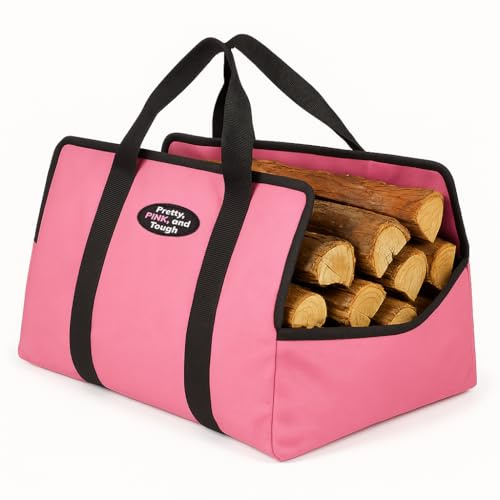 Gears Out Firewood Carrier Tote Bag, Heavy Duty Oxford Fabric Log Carrier with Reinforced Handles, Large Wood Carrying Bag for Fireplace, Wood Stove & Camping, Pink