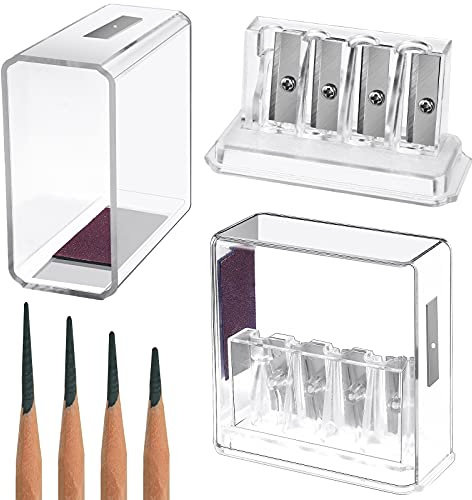 2 Pieces Carpenter Long Point Manual Pencil Sharpener with Plastic Lid 4 Holes Handheld Sharpener for Sketching, Charcoal, Colored Pencils (Transparent)