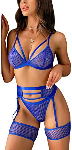 Aranmei Intimo Donne Sexy 4 Pezzi Lingerie Set con Reggicalze e Bretella Strappy Mesh Bra e Mutandine Set Vita Alta Erotico Pizzo Teddy Lingerie, Blu, M