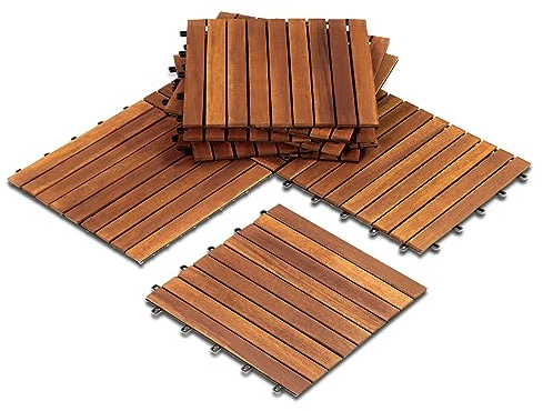 Solid Wood Interlocking Flooring Tiles (Pack of 10, 12 x 12), Solid Wood Deck Tiles Interlocking, Patio Tiles Outdoor Interlocking Waterproof All Weather (12, 9 Slat)