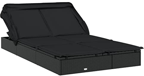 vidaXL 2-Personen Sonnenliege, Gartenliege Verstellbare Sitzfläche, Liegestuhl Liege mit Dach, Relaxliege Strandliege Gartenmöbel, Schwarz Poly Rattan