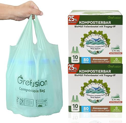 GreFusion Sacchetti per rifiuti biologici da 10 litri con manico (160 pezzi)