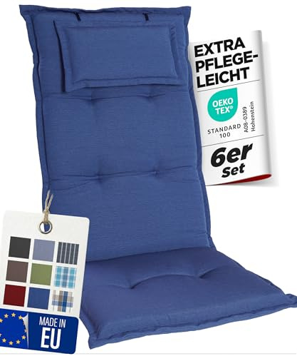 gardisun Gartenstuhlauflagen Hochlehner mit Kopfteil I Extra Dicke Sitzauflagen I Made in Europe I Polsterauflagen für Hochlehner I Auflagen mit extra hohem Komfort I 6er Set I Blau