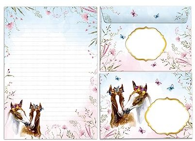 Briefpapier-Set Briefblock mit Umschlag für Mädchen Kinder Pferde Kindermotiv Briefbögenblock liniert (Block A5 mit 25 Blätter + 15 Umschläge)