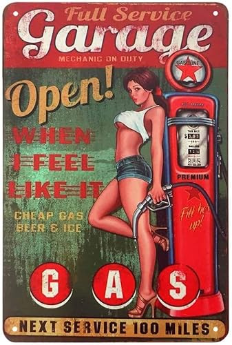 Pin Up Girl Tin Sign,Full Service Garage Sex Girls Stand Leaning Against the Gas Station Vintage Metal Tin Signs for Cafes Bars Pubs Shop Decorative Funny Retro Signs for Men Women 8x12 Inch