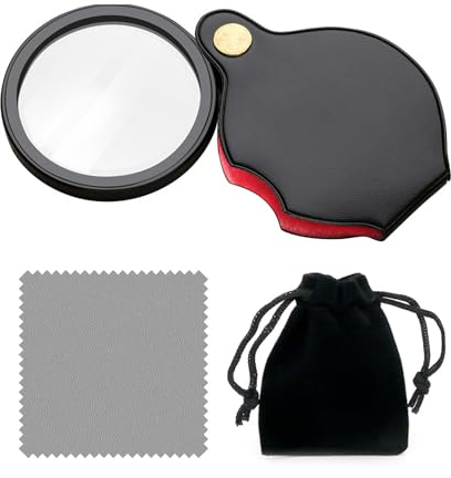PFLYPF 5-Fache Lupe, 1 Stück Wischtuch Und 1 Stück Aufbewahrungstasche, Mini-Taschenlupe, Dreh- Und Klapplupe Mit Schützender Lederhülle, Geeignet Zum Lesen, Hobbys.