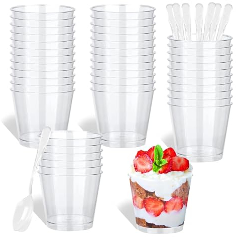 HUOGEE 50 Stück Desserttasse mit 50 Stück Löffeln, 200ml/220ml Dessertbecher Klare Dessertschalen Wiederverwendbar Desserttassen Runden Becher für Zuhause Desserts Pudding Mousse Eis Party (200ml)