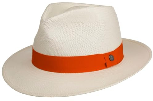 Lierys Sombrero Panamá Lendamo Hombre - Made in Ecuador de Paja Sol con Banda Grosgrain Verano Primavera/Verano - L (59-60 cm) Blanco-Naranja