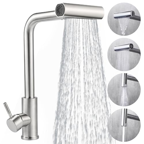 Cieex Grifo Cocina Extraible Grifos Cocina Fregadero de Giratorio 360° Grifo Cocina de Acero Inoxidable Monomando Grifo Cocina de Cascada 4 Modos de Rociador
