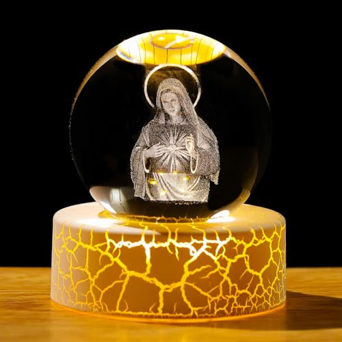 Ornalrist - Statuina 3D della Vergine Maria di 6 cm con sfera di cristallo e base con luce calda, regalo cattolico per donne, statua religiosa cristiana di Maria, oggetto da collezione ornamentale