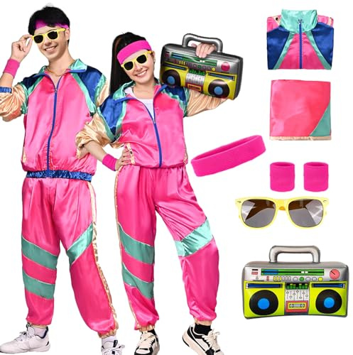 HarnyLoom 80s 90s Fancy Dress Costume Men Women Adults, Shell Suit Rave Tracksuit Retro Outfit Jacket Hip Hop Rapper Disco Accessories Carnival Halloween Party (Rose, M)