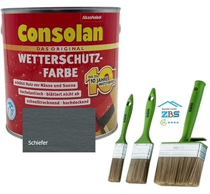 zbs24 Consolan Wetterschutzfarbe hockdeckende Holzfarbe für Aussen, inkl. 3 teiligen Pinselset zur einfachen Verarbeitung der Holzfarbe (schiefer, 2,5 Liter)