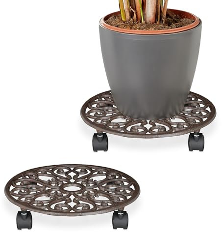 Relaxdays Pflanzenroller, 2er Set, rund, antikes Design, Gusseisen, HxD: 7,5x34 cm, innen & außen, Blumenroller, braun