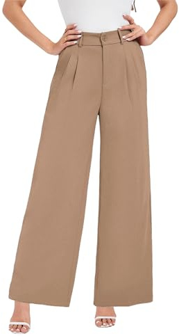 Oyamiki Women's Trousers Elastic Waist Business Casual Wide Leg Breathable Lightweight Suit Pants with Pockets Khaki S