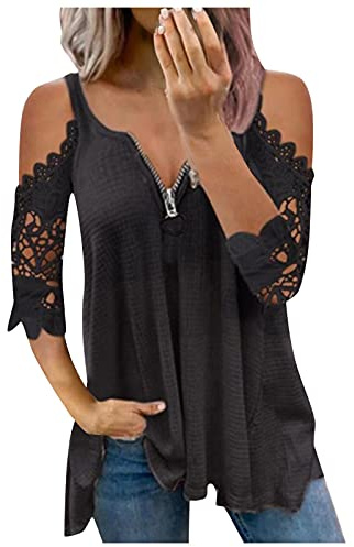 Hauts pour femme - T-shirt long sexy - Col en V - Avec fermeture éclair - Épaules dénudées - Élégant - Manches courtes - Décontracté - Tunique ample - Élégant - T-shirt long