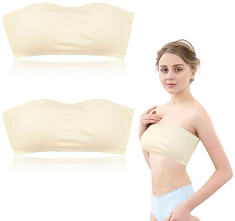 SAIIURV 2 Pezzi Reggiseno Senza Spalline per Donna, Reggiseno Senza Spalline a Fascia Imbottito, Bandeau Bra Boob Tube Strapless Stretch, con Rrimovibile Tracolla Regolabile