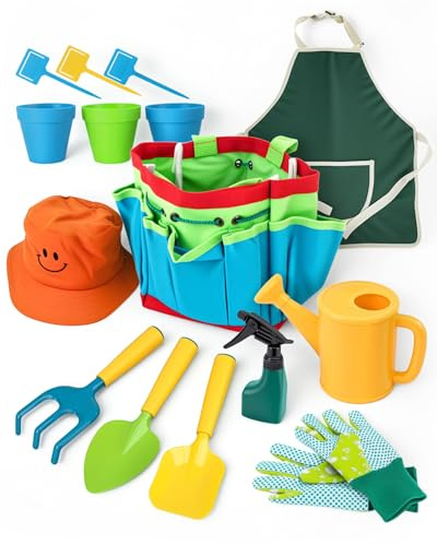 Kids Gardening Tools Set, 15Pcs Toys Kids Gardening Set, Garden Set for kids include Rake,Fork,Trowel, Hat ,Watering Can,Gloves,Tote Bag,Plant pots, Toy Outdoor Gift for Boys Girls Ages 3-12 Games